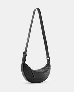 An essential shape – this is the Half Moon Crossbody Bag. It's crafted from leather with a snakeskin finish and shaped to a compact crescent silhouette with plenty of space on the inside. The adjustable strap makes it super easy to wear.  Zip closure Adjustable strap Metal hardware Two interior pockets Will fit the largest size iPhone – please check measurements Allsaints Leather Shoulder Bag With Detachable Strap, Allsaints Modern Leather Bags, Allsaints Leather Bags For Everyday Use, Leather Trainers, Gunmetal Grey, Shoes Outlet, Black Cross Body Bag, Metal Hardware, Green Bag