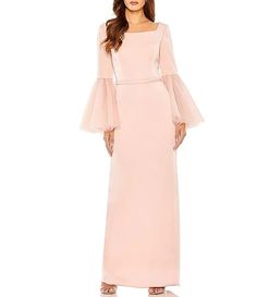 Mac Duggal Long Flounce Sleeve Square Neck Sheath Gown | Dillard's Formal Wedding Guests, Sheath Gown, Evening Dress Floor Length, Long Sleeve Dress Formal, Column Gown, Rose Style, Gowns Online, Mac Duggal