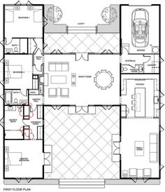 the floor plan for a house with two floors and three car garages on each side