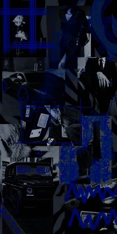 a black and blue collage with many different images