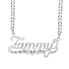 Perfect your everyday look with this personalized name necklace. Sterling silver Features your name, three to 10 characters in length, sculpted in a cursive script font A scrolling heart-centered underline completes the design Satin finish with diamond-cut detailing 18.0-inch curb chain necklace; spring-ring clasp Engraved White Gold Nameplate Necklace, Silver Heart-shaped Custom Name Necklace, Silver Heart Shaped Custom Name Necklace, Custom Name Heart-shaped Silver Necklace, Silver Engraved Name Necklace For Anniversary, Engraved Silver Nameplate Necklace, Valentine's Day Silver Custom Name Necklace, Custom Engraved Silver Nameplate Necklace, Silver Nameplate Necklace With Engraved Text