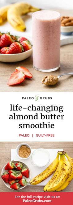 a smoothie with strawberries and bananas on the side is featured in this ad