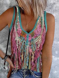 Bohemian Summer Tops With Buttons, Bohemian V-neck Tank Top For Spring, Summer Beach Tank Top With Buttons, Bohemian Style Festival Tops With Buttons, Bohemian Festival Tops With Buttons, Multicolor Sleeveless Top With Buttons, Pink Bohemian Tank Top For Vacation, Spring Festival V-neck Tank Top, Bohemian Sleeveless Buttoned Top