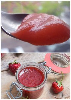 strawberry jam in a jar and spoon with strawberries