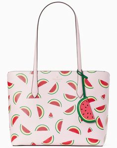 Kate Spade Marlee Watermelon Party Tote with Bag Charm Pink Saffiano PVC; Color Code: pink multi (650) New with Tags; Authenticity Guaranteed! KB677 / Retail $359 Kate Spade Gift Bag Included (design may vary) you know this tote holds your everyday stuff like a wallet, keys, phone, sunglasses. it also holds: two red lipsticks, $6 in change, 11 crumpled receipts, an avocado… DETAILS Measurements 14” (bottom) 16” (top) W x 11" H x 6" D Strap Drop: 10.5" Features ksny foil embossed logo Closure Typ Tory Burch Outlet, Pink Watermelon, Watermelon Party, Kate Spade Outlet, Michael Kors Outlet, Logo Line, Script Logo, Purse Charms, Purse Pouch