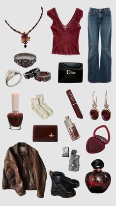 the contents of a woman's purse are arranged neatly