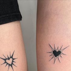 two tattoos on the legs of people with hearts and sunbursts in them