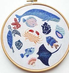 an embroidery project with various sea animals and fish