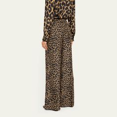 Max Mara "Ghinea" wide-leg trousers in an allover leopard print  Mid-rise; sits high on hip Elastic waist  Side slip pockets  Full length Relaxed fit  Silk Made in Italy Cocktail Jacket, Printed Trousers, Button Front Shirt, Lingerie Sleepwear, Max Mara, Wide Leg Trousers, Designer Collection, Wide Leg Pants, Mid Rise