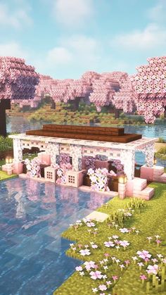 Minecraft Japanese Bridge Ideas, Cherry Biome Minecraft, Nether Portal Design Cherry Blossom, Minecraft Long Bridge Ideas, Minecraft Cherry Blossom Treehouse, Cherry Bridge Minecraft, Cherry Blossom Path Minecraft, Cherry Blossom Bridge Minecraft, Minecraft Long Bridge