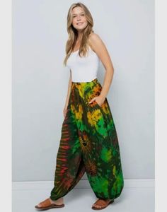 Harem Tie dye pants One size with pockets Bohemian Bottoms With Side Pockets For Spring, Spring Bohemian Bottoms With Side Pockets, Multicolor Pants With Pockets, Bohemian Long Pants With Side Pockets, Multicolor Full-length Wide Leg Pants With Pockets, Casual Multicolor Wide Leg Pants, Multicolor Relaxed Fit Pants With Pockets, Relaxed Fit Multicolor Pants With Pockets, Green Summer Harem Pants With Pockets