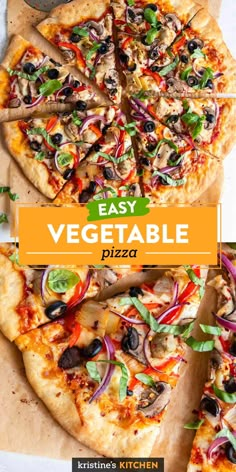 an easy vegetable pizza on a cutting board with the title overlay reads easy vegetable pizza