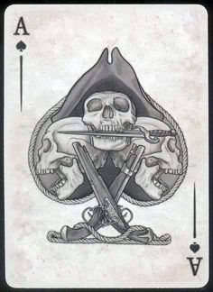 a playing card with a skull and two swords in the middle, on top of it