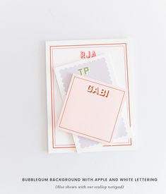 two cards with the words bubblegum background and apple and white lettering