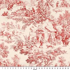 a large red and white toiler print fabric with people in the woods on it