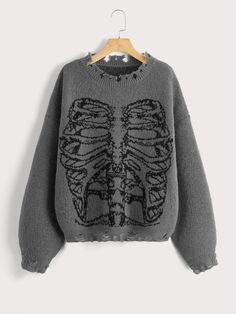 Grey Casual Collar Long Sleeve Fabric Halloween Pullovers Embellished Non-Stretch  Women Knitwear Star Pattern Clothes, Goth Wishlist, Goth Sweaters, Grunge Sweaters, Grunge Aesthetic Clothes, Punk Sweater, Punk Skeleton, Sweater Grunge, Grunge Sweater