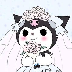 a cartoon penguin wearing a wedding dress and holding a rose