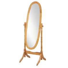 a wooden stand with a large mirror on it's legs and an oval mirror in the middle