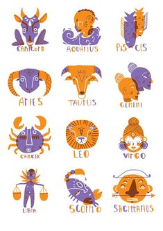 zodiac signs and their meanings in orange, blue, and purple on a white background