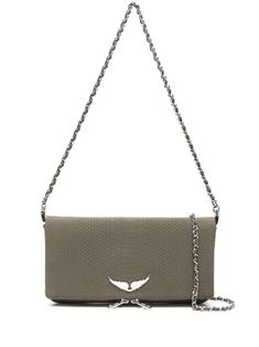 olive green calf leather snakeskin effect signature Wings plaque two-way zip fastening foldover top with magnetic fastening two detachable leather and chain-link shoulder straps main compartment internal logo patch cotton lining silver-tone hardware Green Zadig Bag, Zadig And Voltaire Bag Gold, Sunny Bag Zadig Et Voltaire, Green On-the-go Clutch Bag, Marine Serre, Contemporary Outfits