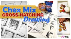 several pictures with the words chex mix cross - hatching drawing