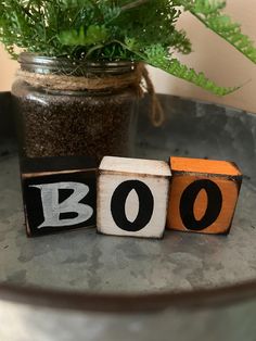 wooden blocks spelling the word boo on top of a metal tray next to a potted plant