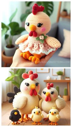 crocheted chickens are shown in three different pictures