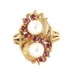 "Vintage Mid Century 14k Yellow Gold 0.27 Ruby Pearl Ring Size 7 The item up for offer is a very pretty vintage mid century modern 14k solid yellow gold ruby and natural pearl ring. This piece is marked \"14KG\".  Measurements Ring Size: 7 Pearls: 6mm Ruby's: 2mm/ 0.03 ct (ea)/ 0.27 ct (total) Band Width: 2.2mm Weight: 6.5 g Condition: Excellent; item is pre-owned and may have some signs of light use.  Please look closely at the pictures provided as they are an extension of our written descripti Estate Yellow Gold 14k Gold Rings, Estate 14k Yellow Gold Rings, Estate Style 14k Gold Rings, Vintage 14k Gold Ruby Ring, Retro Yellow Gold Ring Gift, Retro Yellow Gold Rings Stamped 14k, Retro 14k Gold Ring As Gift, Retro 14k Gold Ring For Gift, Retro 14k Gold Rings As Gift