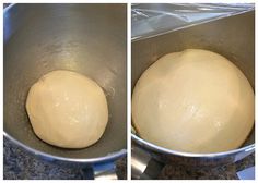 two pictures of dough being made in a pan