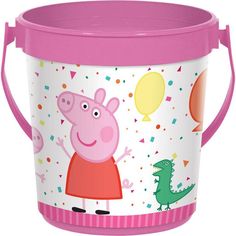 a pink and white bucket with pep the pig on it