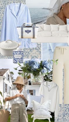 a collage of blue and white items including clothing, hats, and flowers on display