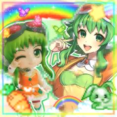 two anime characters are standing next to each other in front of a rainbow colored background