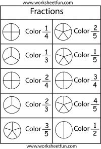 fraction worksheet with numbers and fractions on the same page, including two different colors