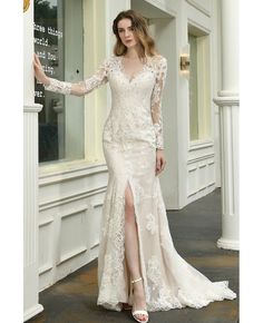 Buy High Quality Split Front Lace Wedding Dress With Lace Long Sleeves at wholesale price online. High quality custom-made service pro since 2009. Lace Corset Wedding Dress, Court Train Prom Dress, Wedding Frocks, Prom Dresses With Pockets, Bridal Dresses Lace, Long Sleeve Wedding Dress Lace, Vintage Mermaid, Wedding Dresses Corset, Lace Mermaid