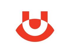 the letter u is made up of red and white letters, with an eye in the middle