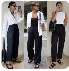 Black Trouser Summer Outfit, Work Trip Outfits Summer, Business Casual Warm Weather, Casual Fashion Women, Black Linen Pants Outfit, Minimal Chic Style, Street Style Outfits Casual, Uniform Fashion