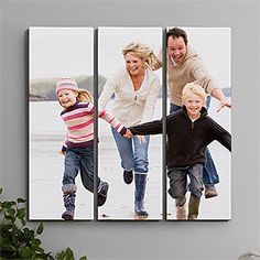 three pictures of people running on the beach with their hands in each other's pockets