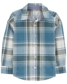 This button down is the perfect piece to pair with his favorite OshKosh denim, and it comes with a chambray yoke, adjustable sleeves and buttons down the front for easy on-and-off or to layer over a graphic tee. Toddler Boy Tops, Baby Boy Tops, Oshkosh Baby, Carters Baby Boys, Chino Pants, Button Front Shirt, Cozy Fashion, Shop Clothing, Holiday Fashion