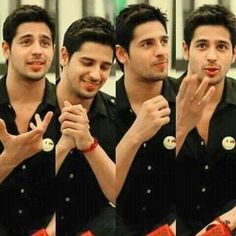 three different pictures of a man making the peace sign with his hands and wearing a black shirt