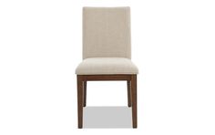 a beige upholstered dining chair with wood legs and seat cushion on an isolated white background