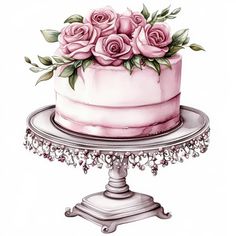 a drawing of a cake with pink roses on top