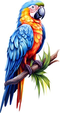 a colorful parrot sitting on top of a tree branch with leaves around it's neck