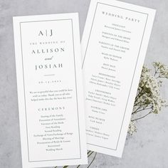 two white wedding programs on top of each other next to some baby's breath flowers