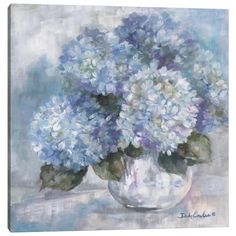 a painting of blue flowers in a white vase