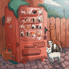 two cats and a dog are standing in front of an old vending machine that has been painted on