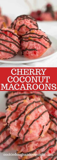 cherry coconut macaroons with chocolate drizzles on top and in the middle