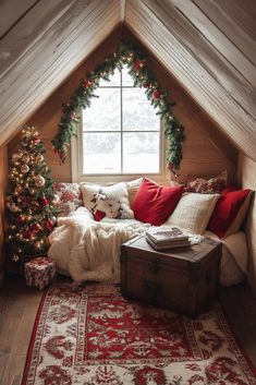 a bedroom with a christmas tree in the corner and presents on the floor next to it