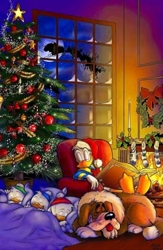 a painting of a dog laying in front of a christmas tree