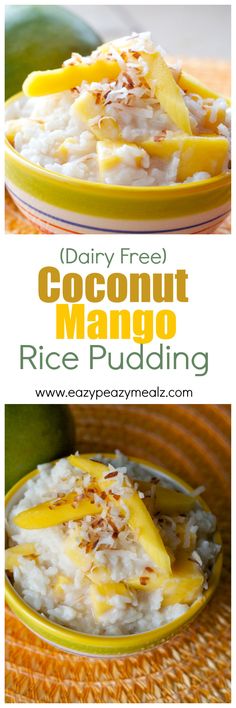 coconut mango rice pudding in a yellow bowl