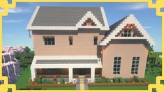 an image of a large house in the middle of some bushes and flowers with a yellow frame around it